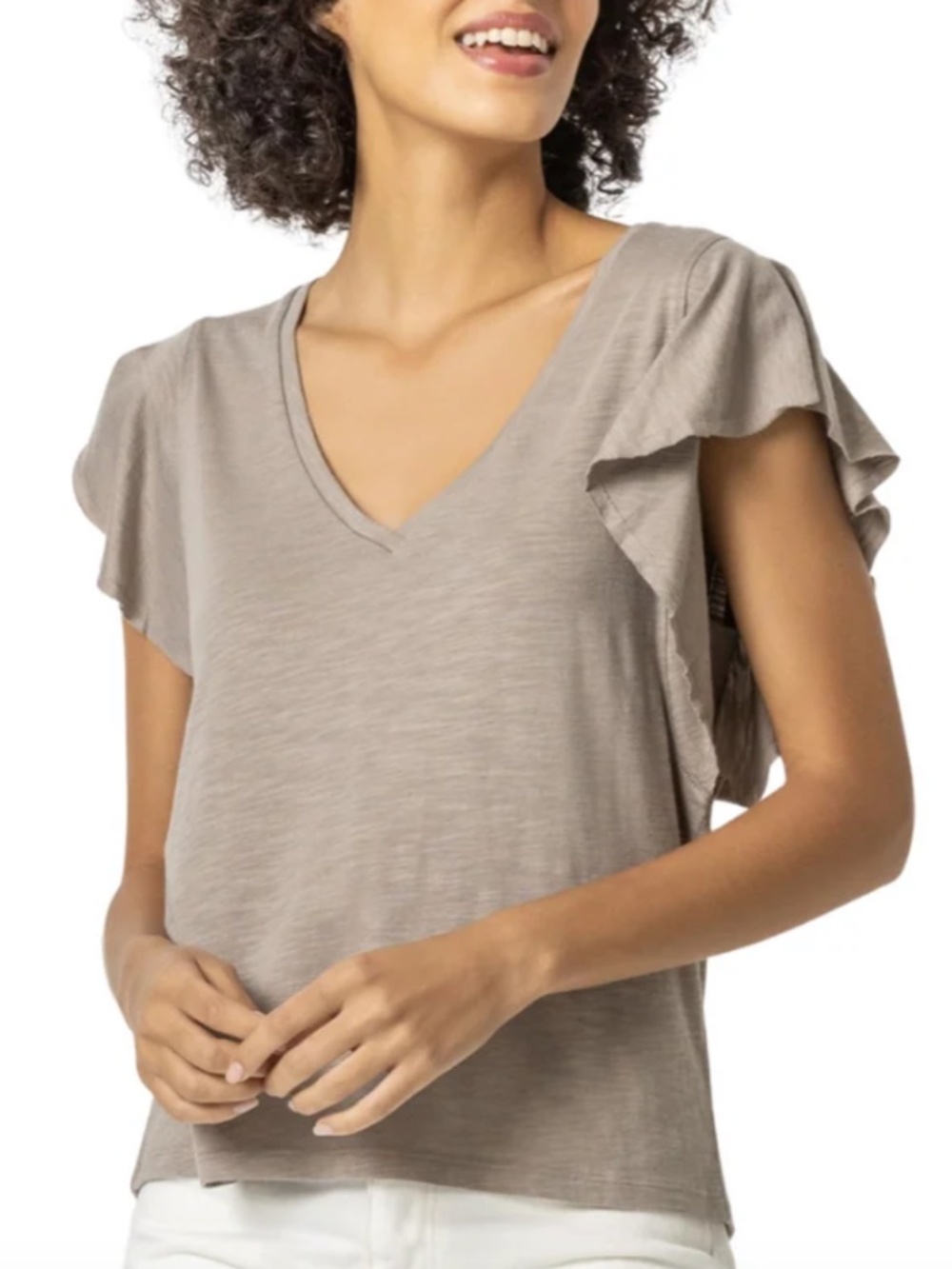 Lilla P V-Neck Flutter Sleeve Tee Taupe Brown | Cotton Modal Blend | S